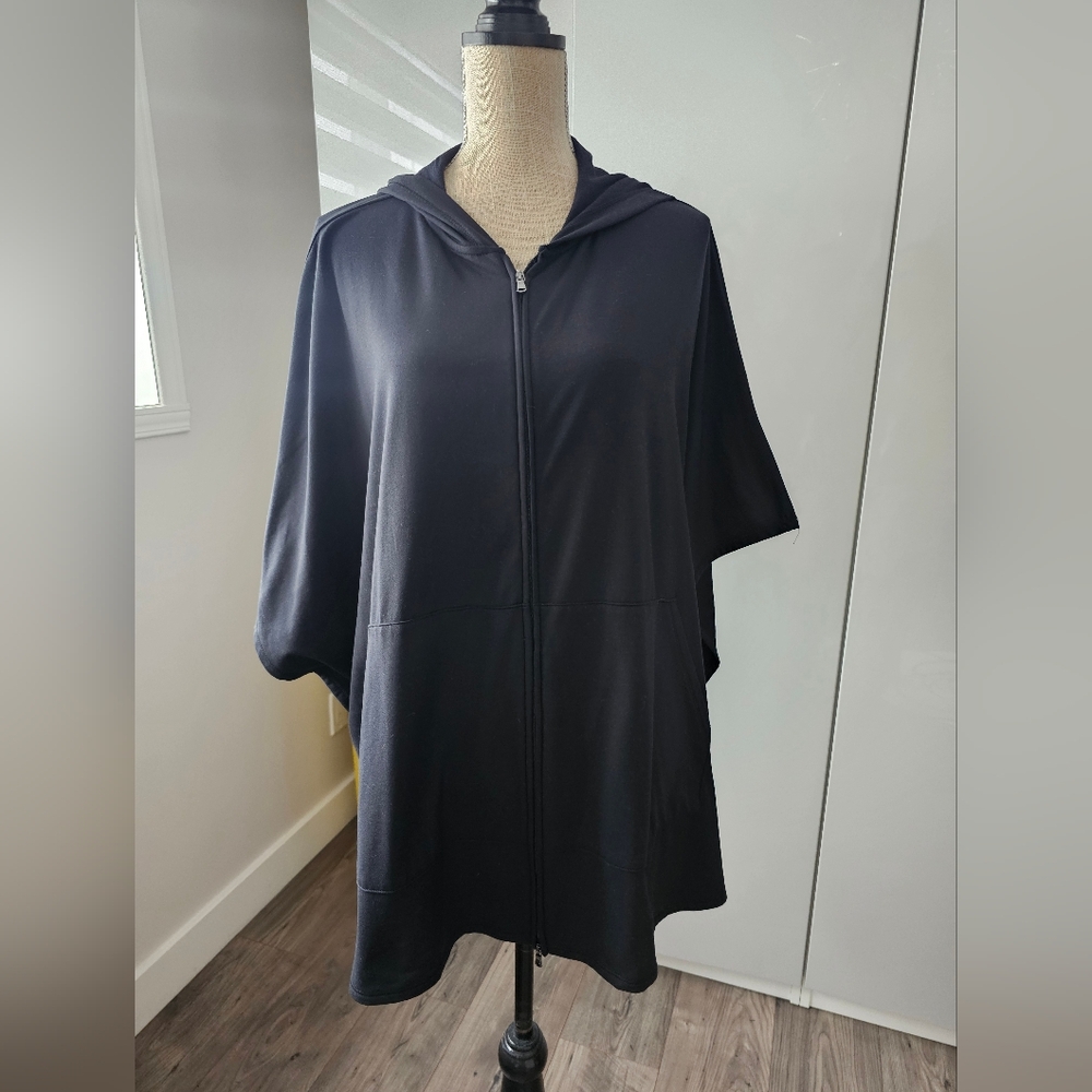 J.Jill Black Hooded Women's Sweatshirt Ponco Jacket With Zipper Closure